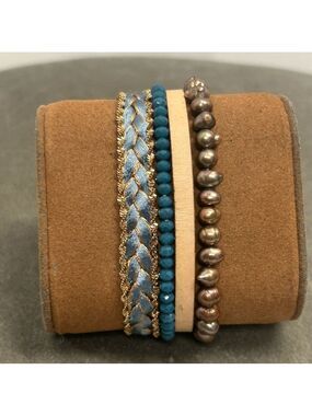 Victoria Emerson turquoise blue ribbon beaded bronze pearl multi strand bracelet